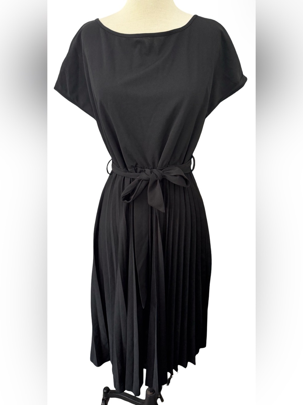 SHEIN Black Pleated Midi Dress Belted Short Sleeve Size L